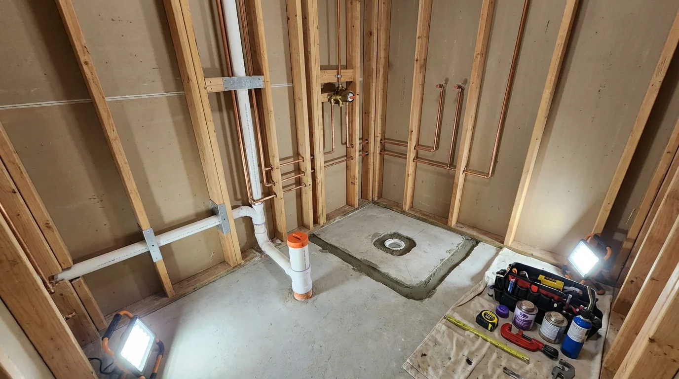 Bathroom rough-in plumbing during remodel by Johns Plumbing LLC in Seaside Park