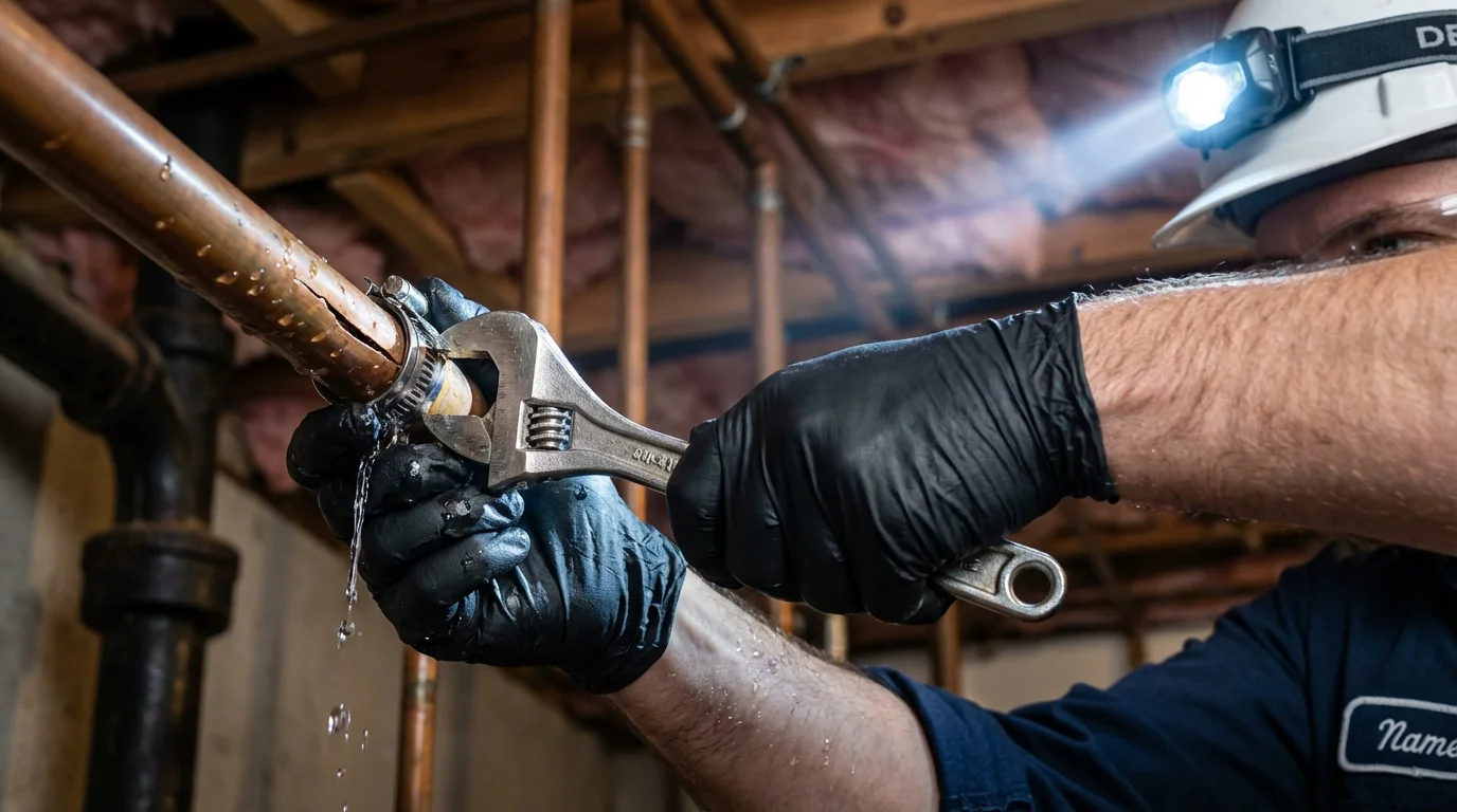 Emergency pipe clamp repair being performed by a Johns Plumbing LLC plumber in Seaside Park