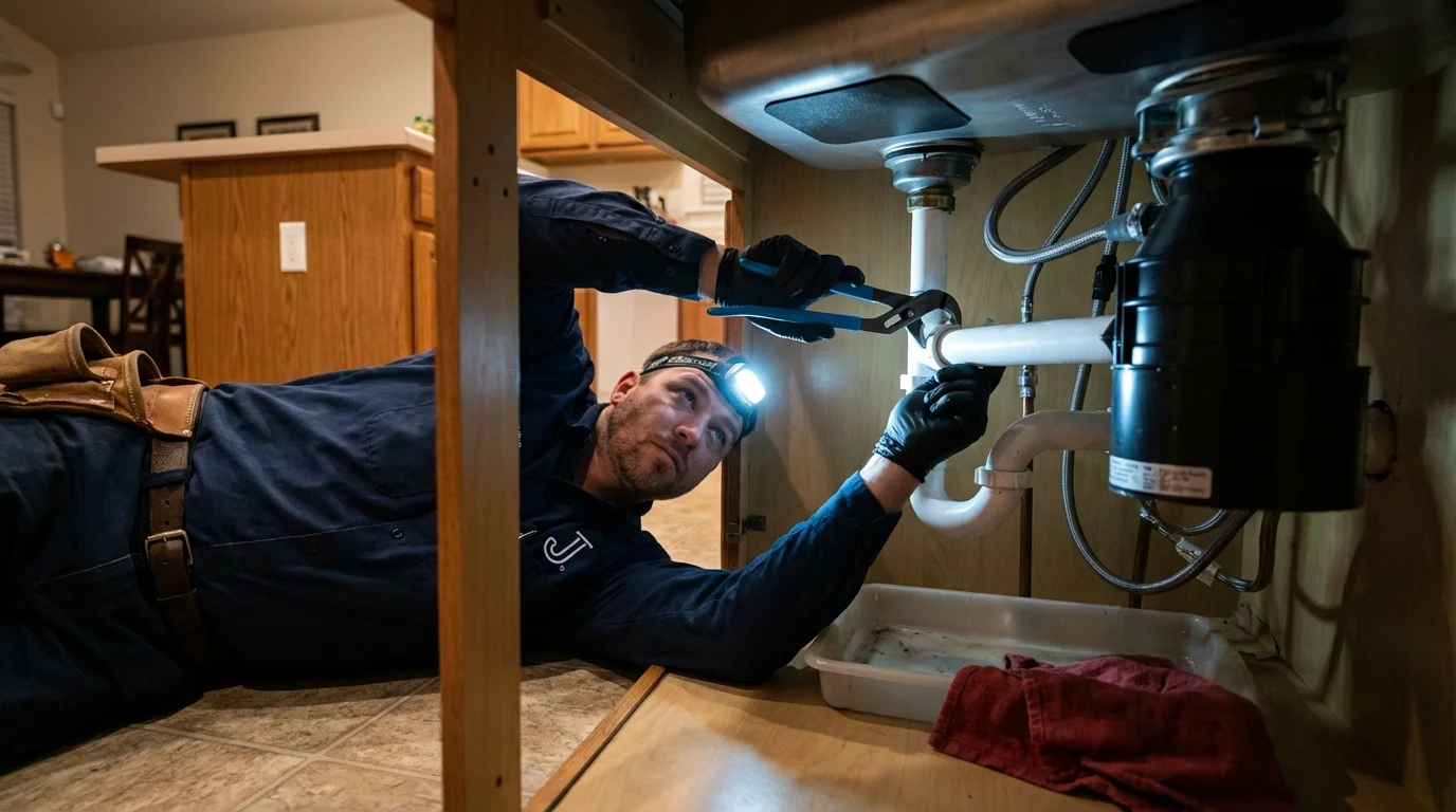 P-trap and supply line connections under a kitchen sink showing a common leak point in Seaside Park, NJ